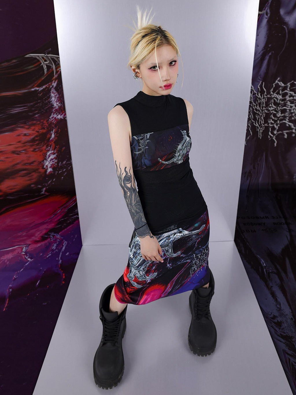 PINKSPINK Psychedelic Liquid Print Geometric High Neck Slim Women's Mesh Tank Tops