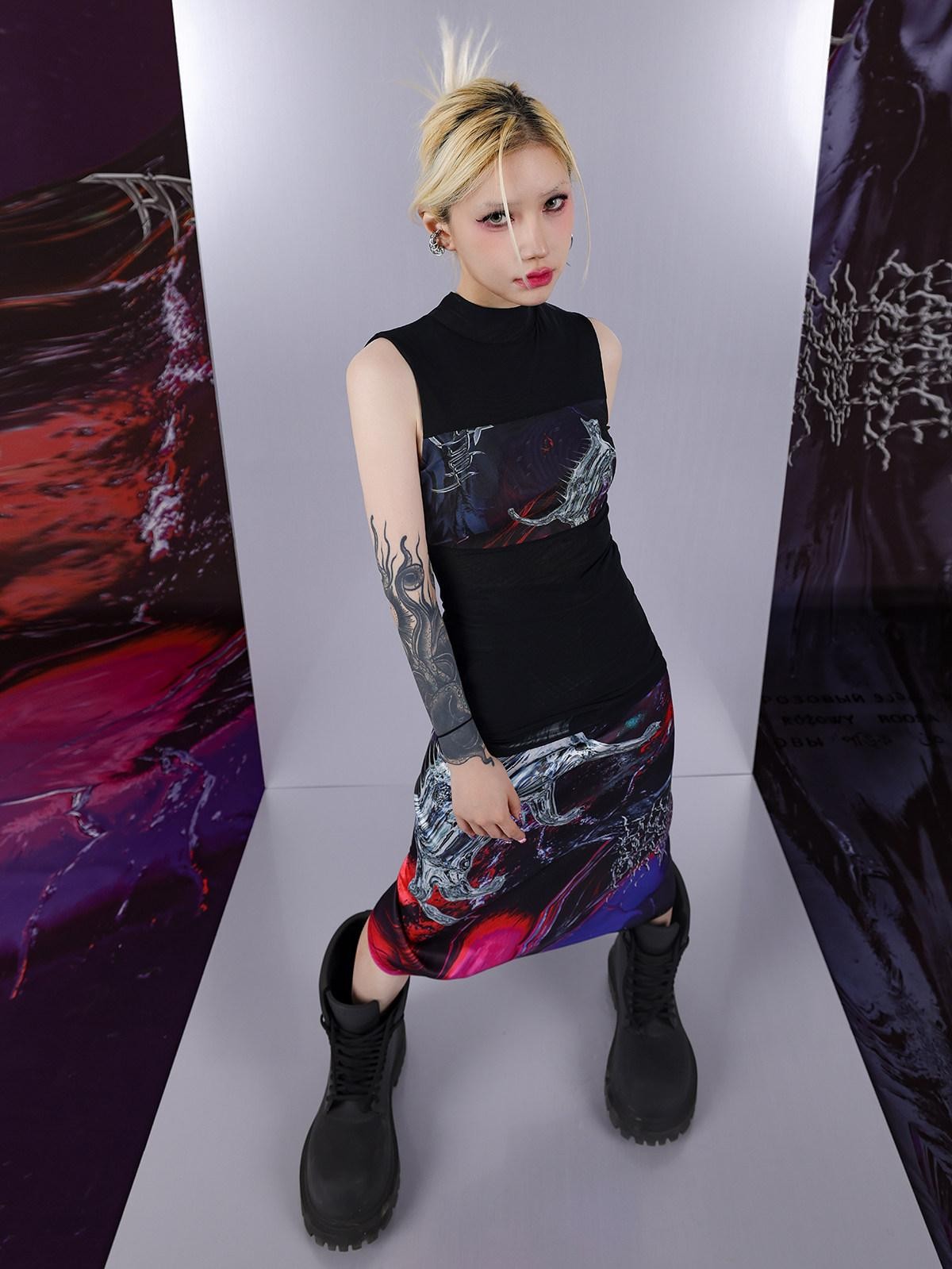 PINKSPINK Psychedelic Liquid Print Geometric High Neck Slim Women's Mesh Tank Tops