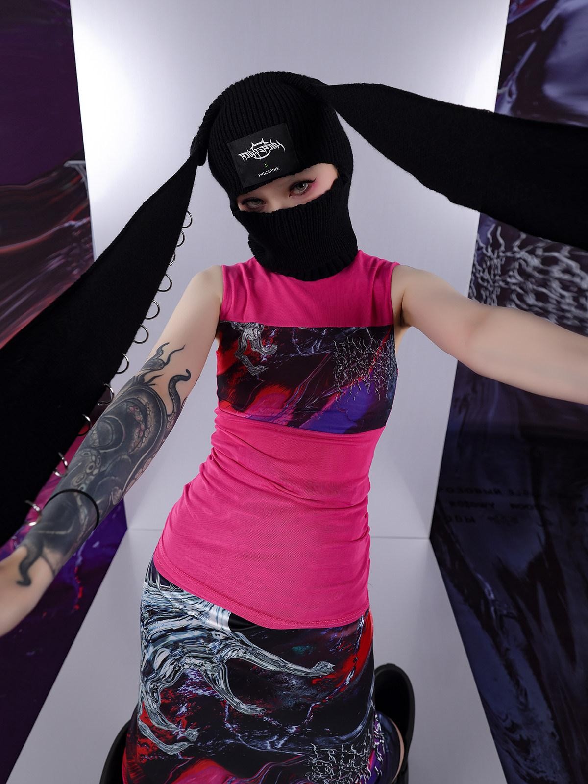 PINKSPINK Psychedelic Liquid Print Geometric High Neck Slim Women's Mesh Tank Tops