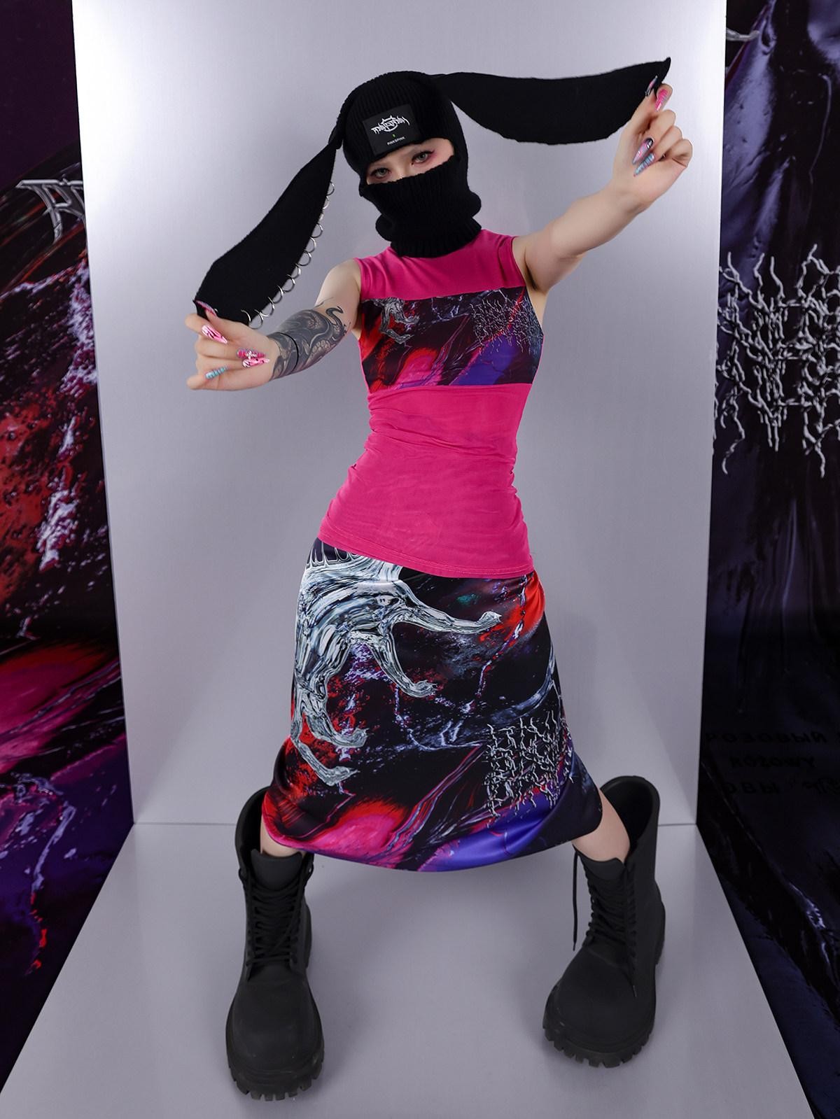 PINKSPINK Psychedelic Liquid Print Geometric High Neck Slim Women's Mesh Tank Tops