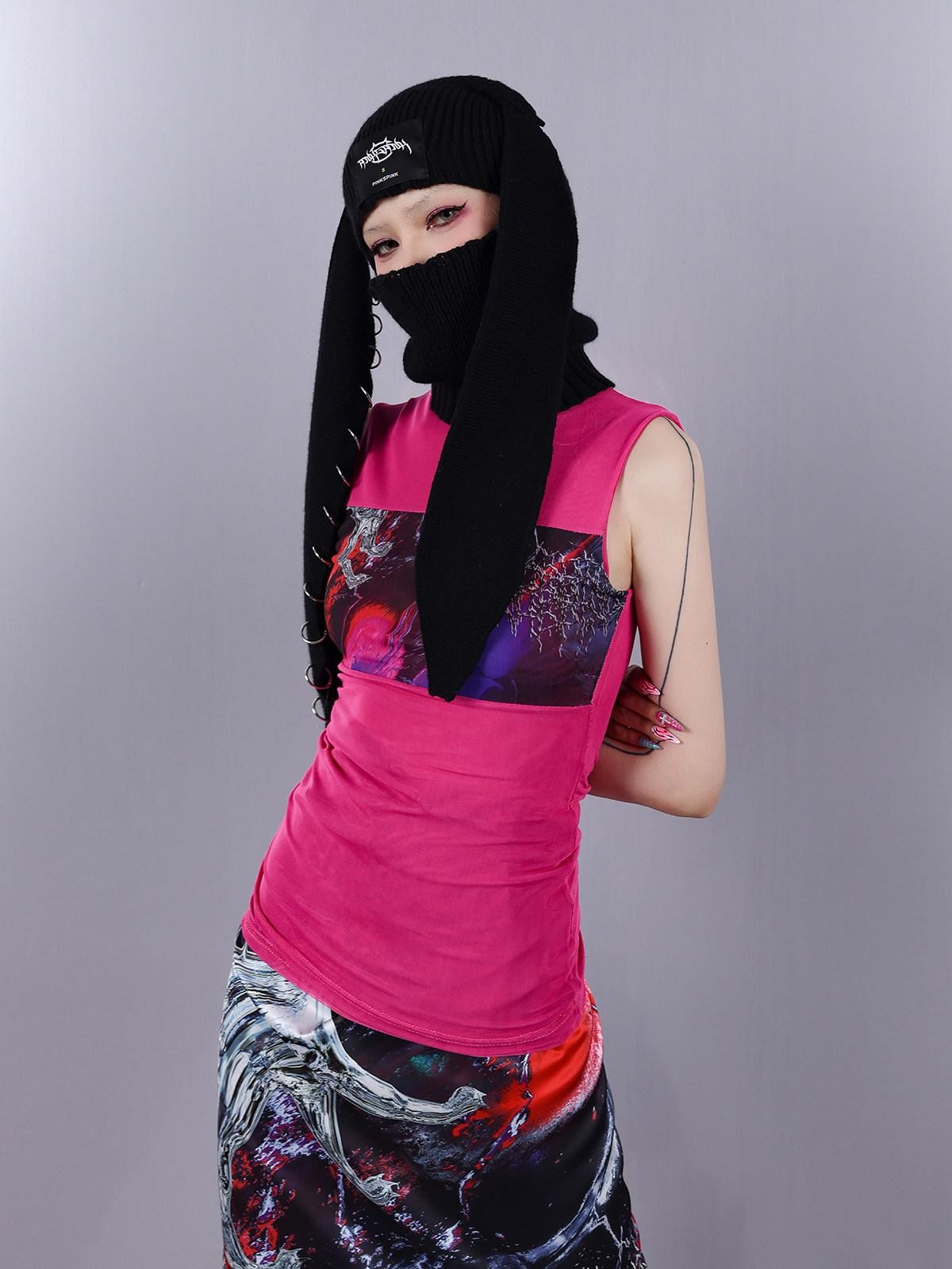PINKSPINK Psychedelic Liquid Print Geometric High Neck Slim Women's Mesh Tank Tops