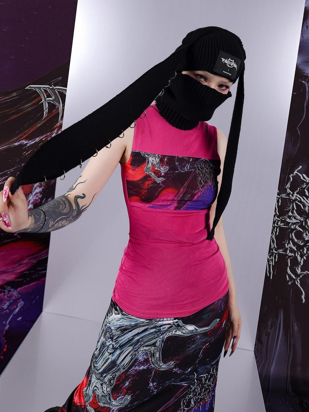 PINKSPINK Psychedelic Liquid Print Geometric High Neck Slim Women's Mesh Tank Tops