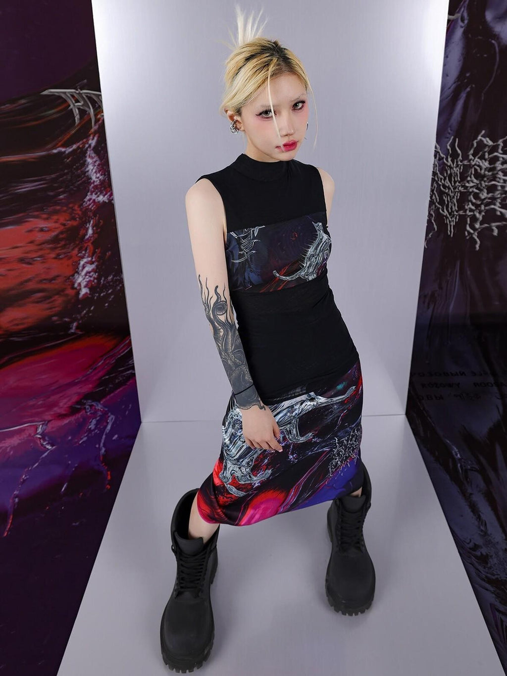 PINKSPINK Psychedelic Liquid Print Geometric High Neck Slim Women's Mesh Tank Tops