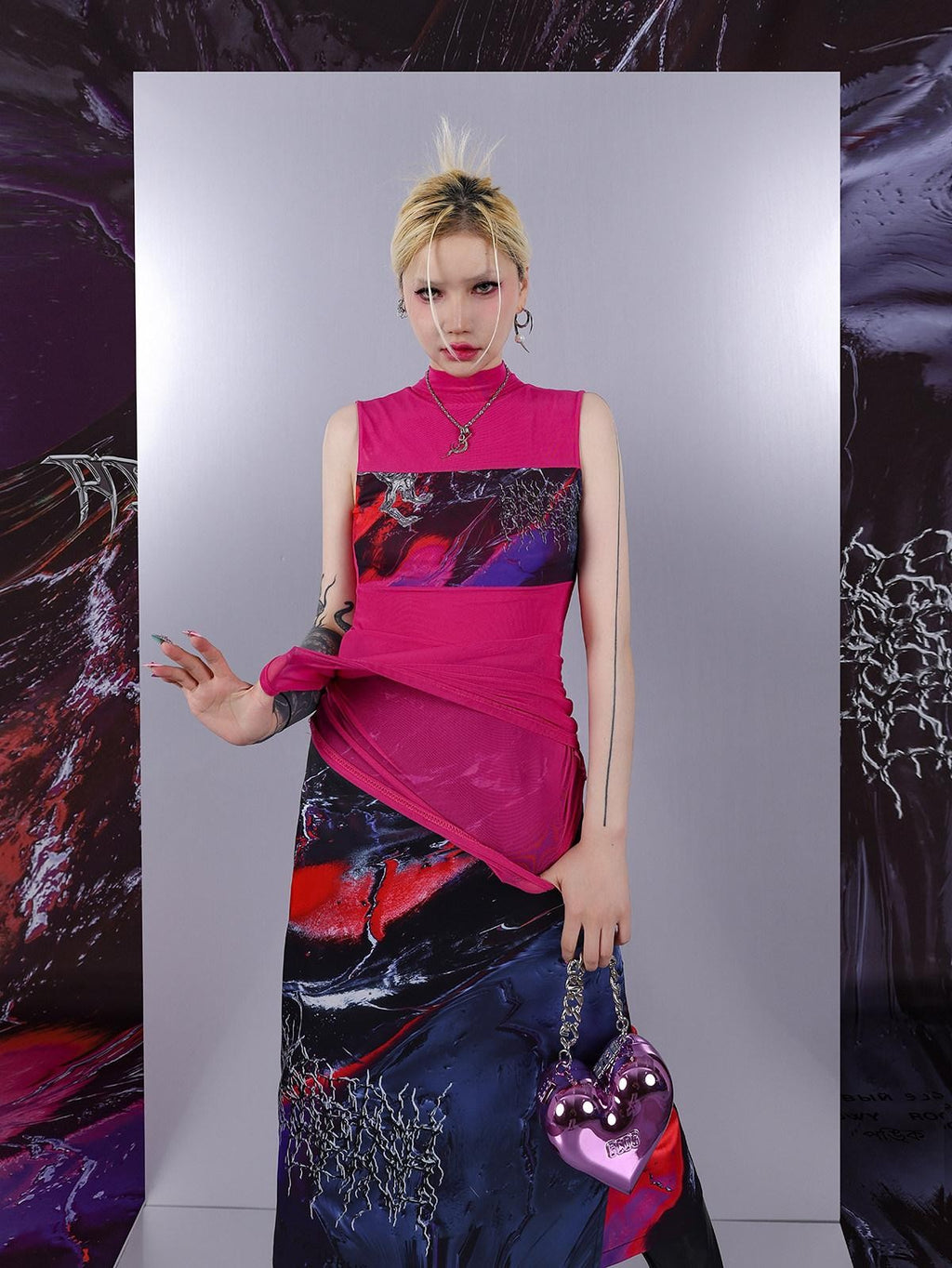 PINKSPINK Psychedelic Liquid Print Geometric High Neck Slim Women's Mesh Tank Tops