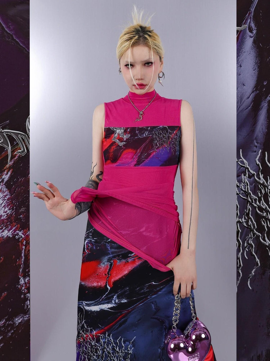 PINKSPINK Psychedelic Liquid Print Geometric Mock Neck Slim Fit Women's Mesh Tank Tops