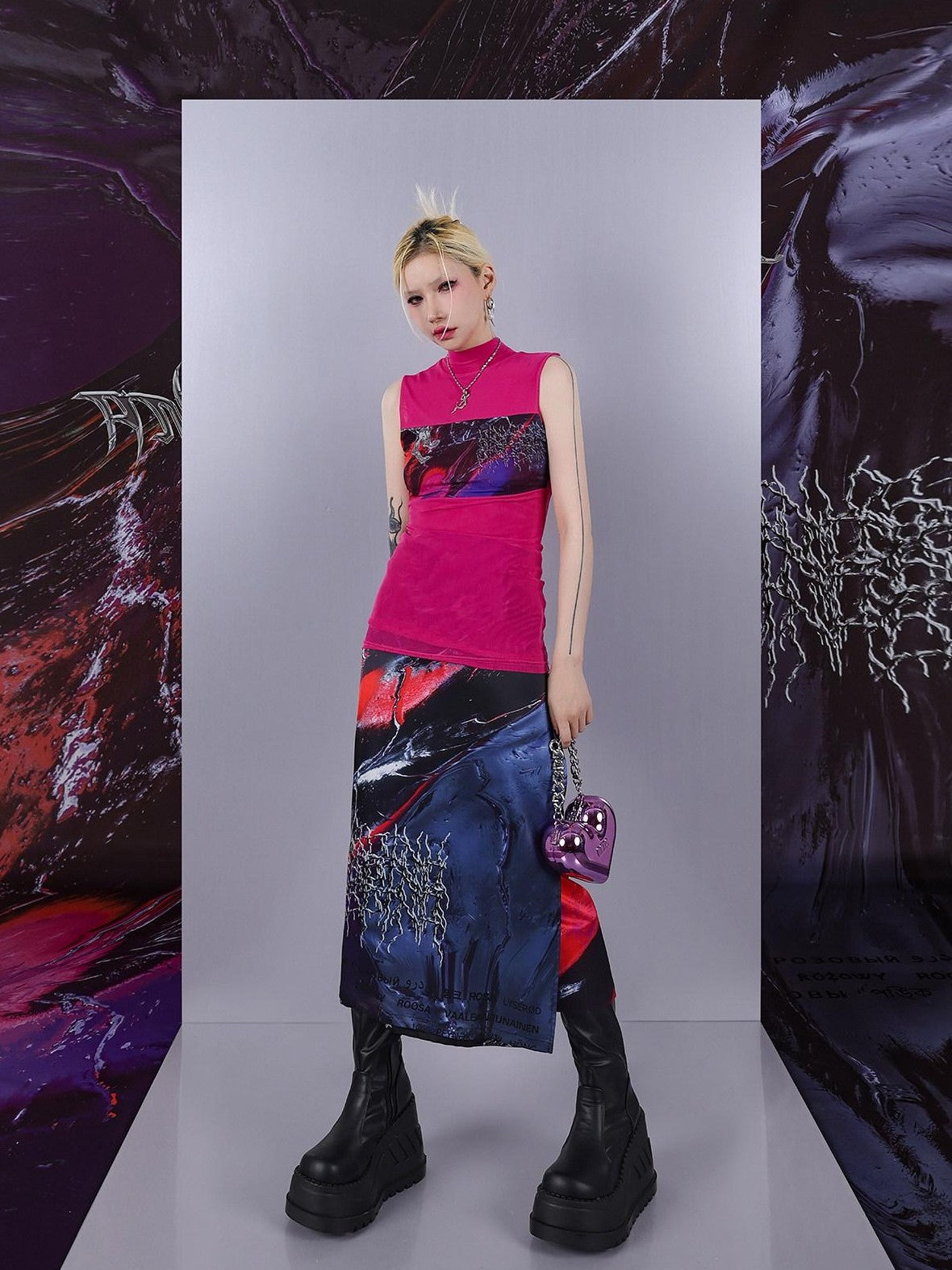 PINKSPINK Psychedelic Liquid Print Geometric Mock Neck Slim Fit Women's Mesh Tank Tops