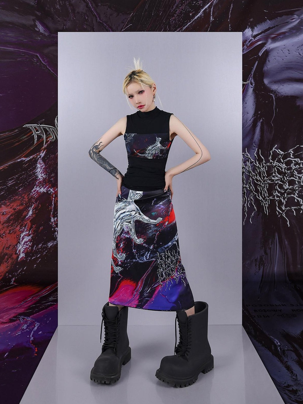 PINKSPINK Psychedelic Liquid Print Geometric Mock Neck Slim Fit Women's Mesh Tank Tops