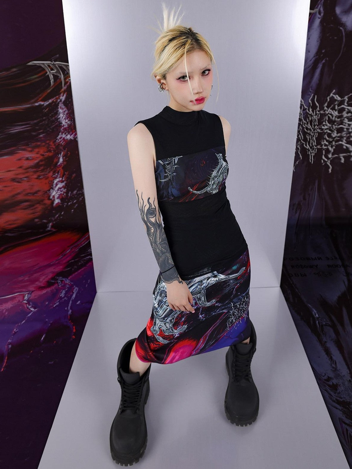 PINKSPINK Psychedelic Liquid Print Geometric Mock Neck Slim Fit Women's Mesh Tank Tops