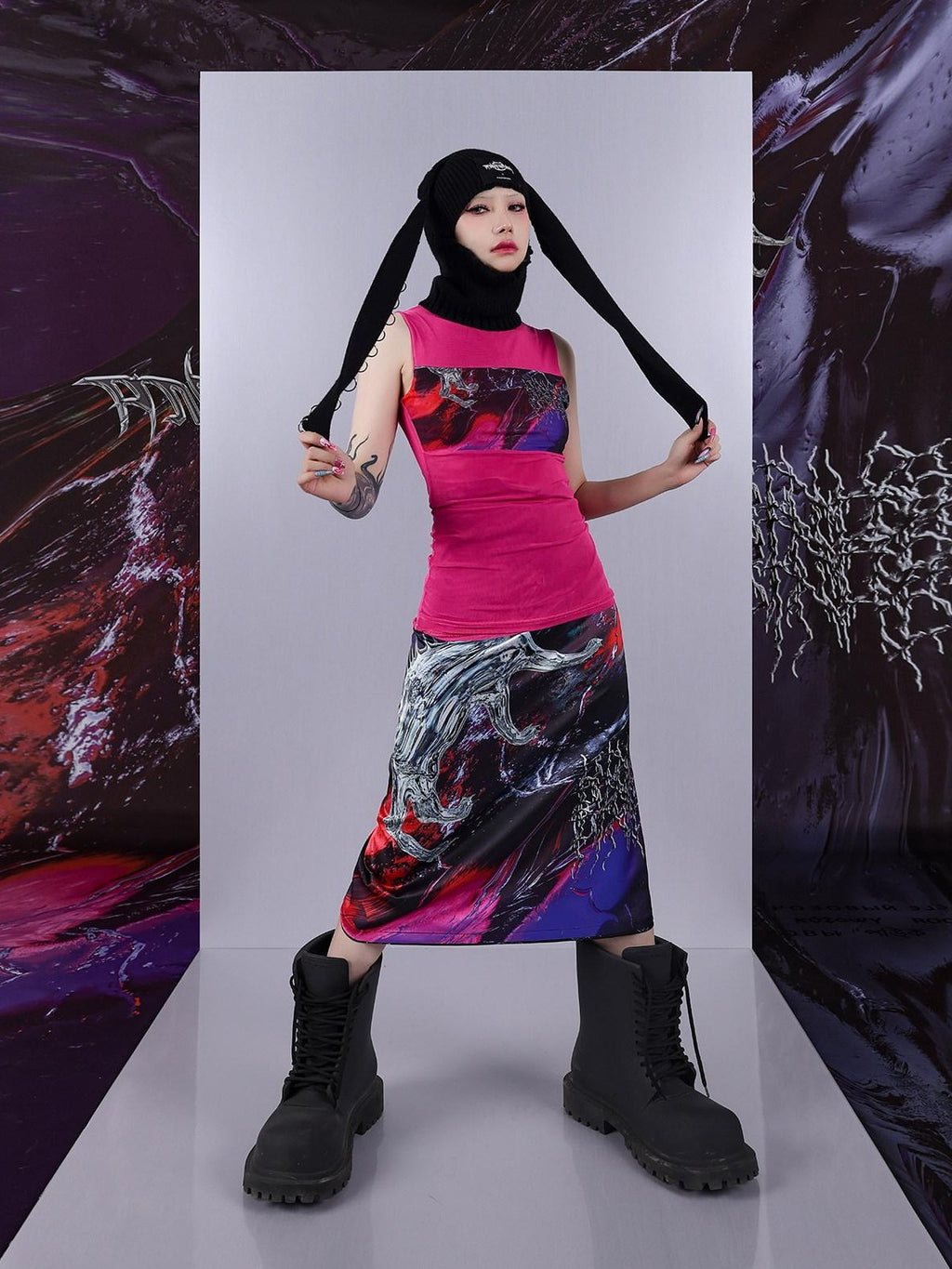 PINKSPINK Psychedelic Liquid Print Geometric Mock Neck Slim Fit Women's Mesh Tank Tops