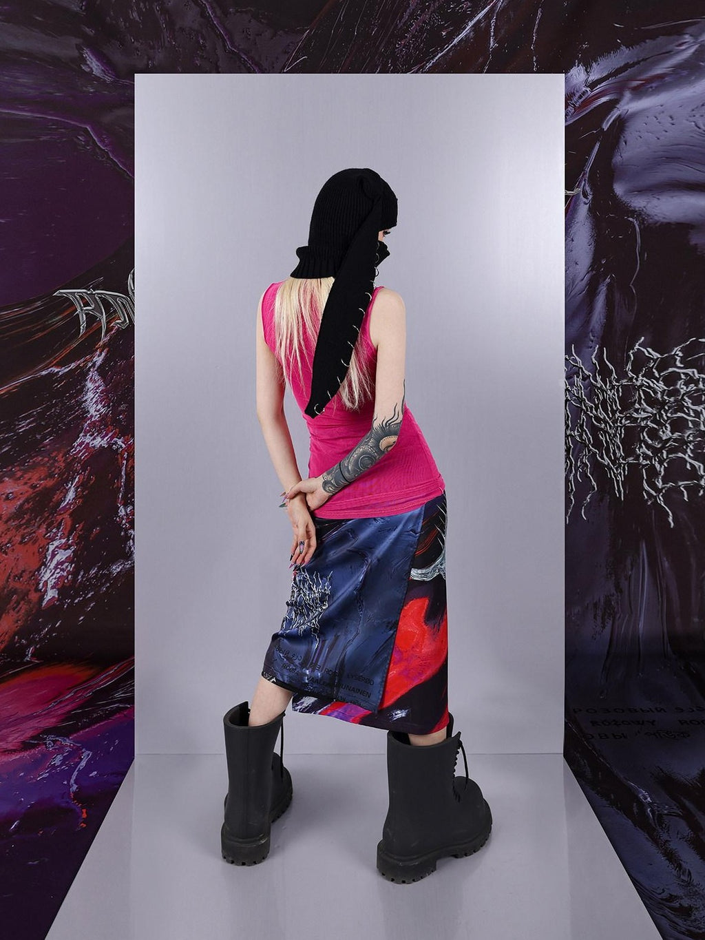 PINKSPINK Psychedelic Liquid Print Geometric Mock Neck Slim Fit Women's Mesh Tank Tops