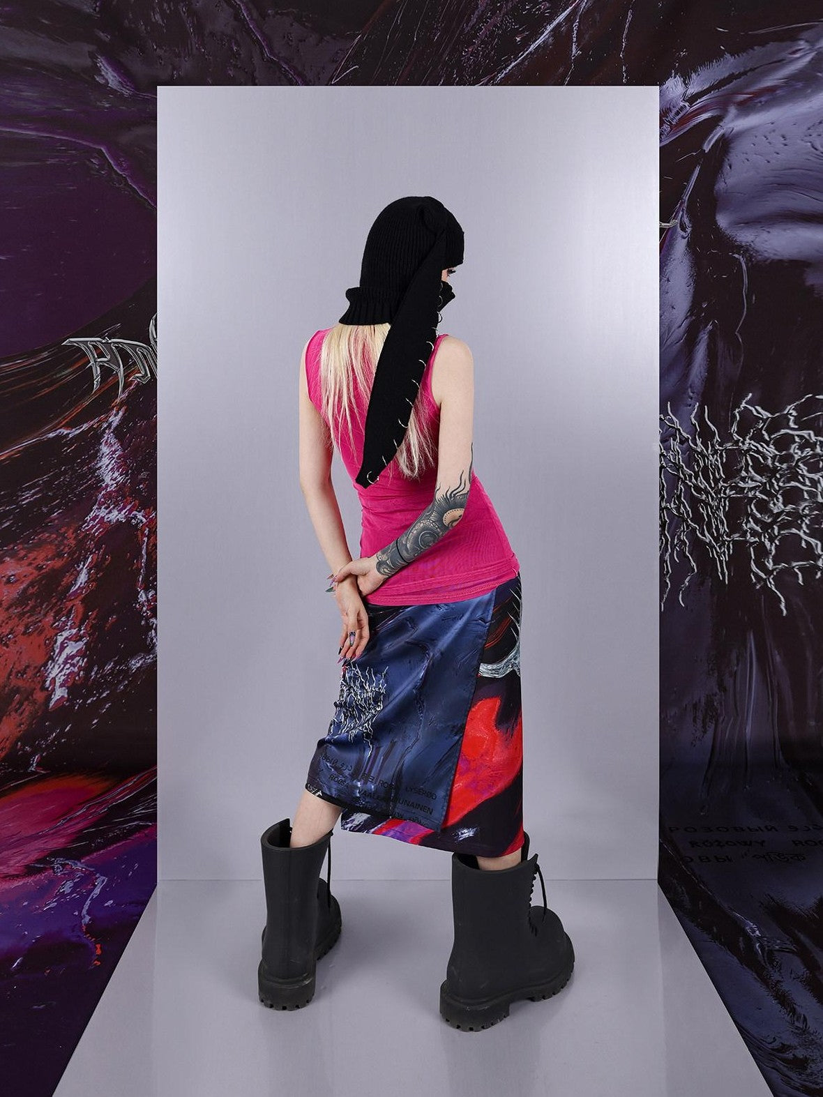 PINKSPINK Psychedelic Liquid Print Geometric Mock Neck Slim Fit Women's Mesh Tank Tops