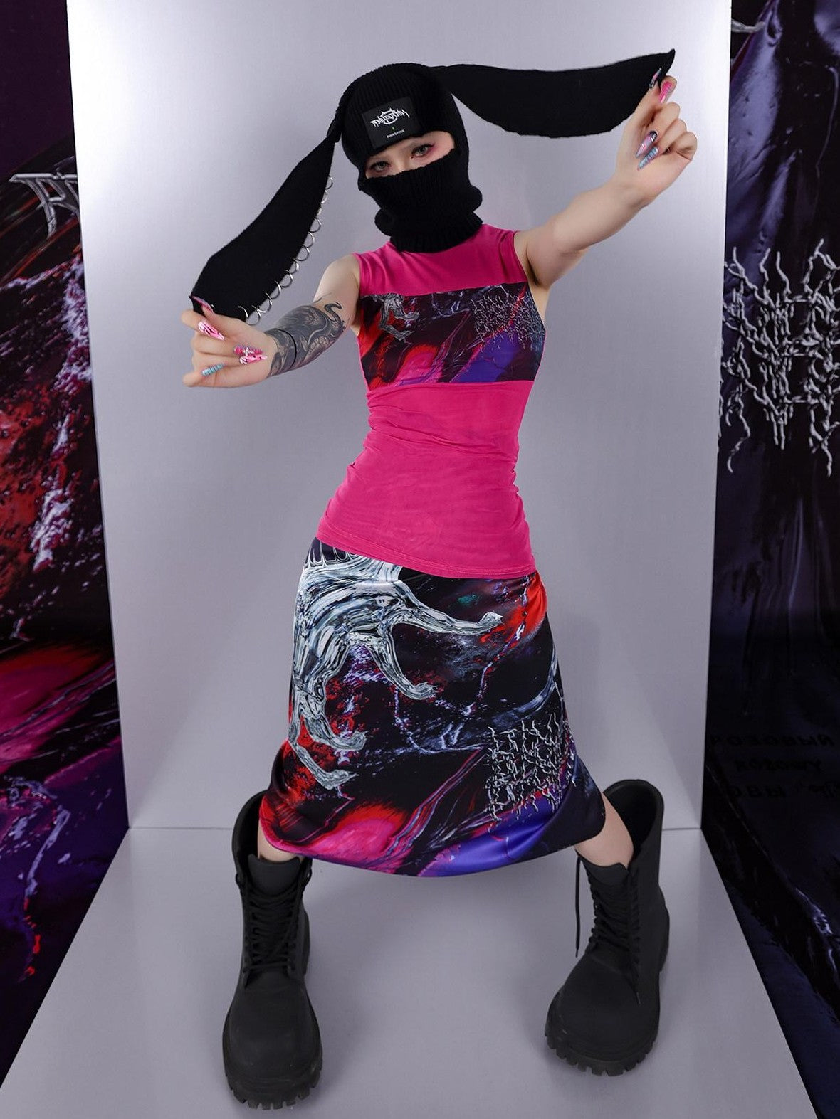 PINKSPINK Psychedelic Liquid Print Geometric Mock Neck Slim Fit Women's Mesh Tank Tops