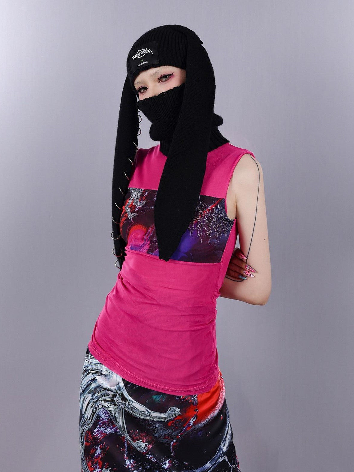 PINKSPINK Psychedelic Liquid Print Geometric Mock Neck Slim Fit Women's Mesh Tank Tops