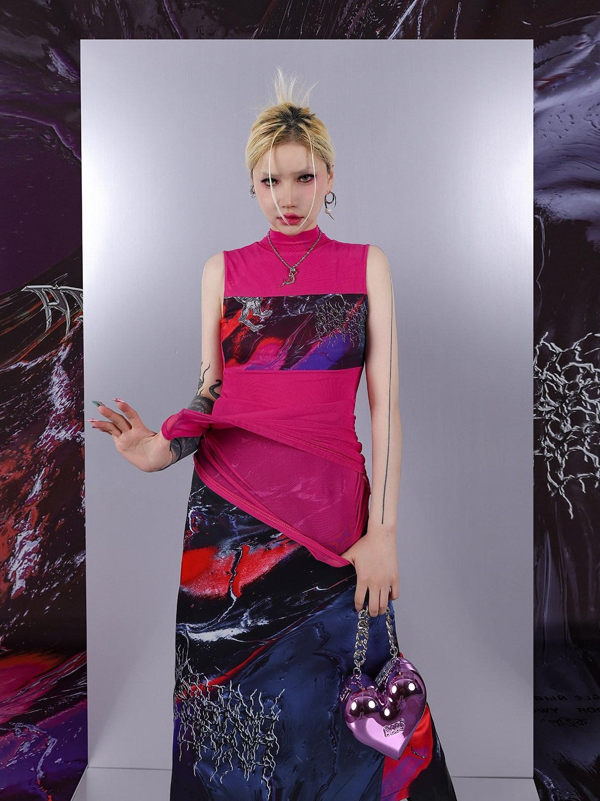 PINKSPINK Psychedelic Liquid Print Geometric Mock Neck Slim Fit Women's Mesh Tank Tops