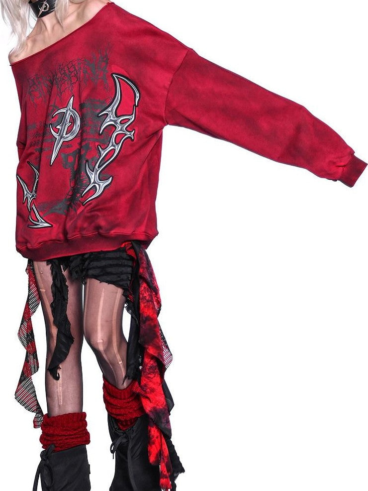 PINKSPINK Punk 3d Embroidered One Shoulder Distressed Print Asymmetrical Women's Sweatshirts