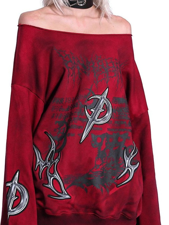 PINKSPINK Punk 3d Embroidered One Shoulder Distressed Print Asymmetrical Women's Sweatshirts