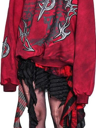 PINKSPINK Punk 3d Embroidered One Shoulder Distressed Print Asymmetrical Women's Sweatshirts