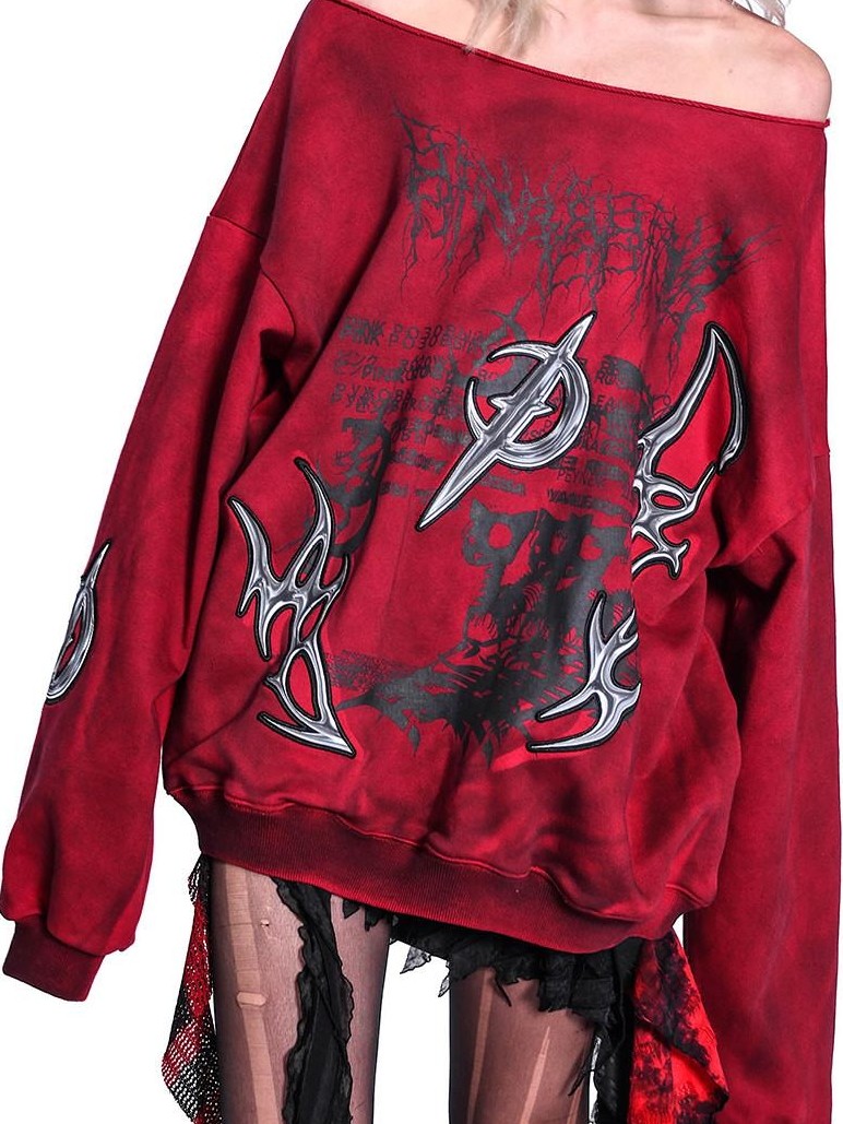 PINKSPINK Punk 3d Embroidered One Shoulder Distressed Print Asymmetrical Women's Sweatshirts