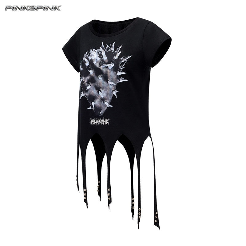 PINKSPINK_Punk_Cactus_Print_Studded_Asymmetrical_Hem_Slim_Women's_Short_Sleeve_T-shirts_1045741998374_MISSTT