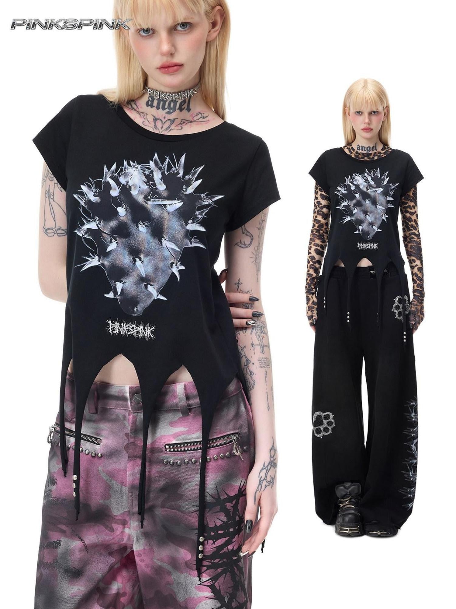 PINKSPINK Punk Cactus Print Studded Asymmetrical Hem Slim Women's Short Sleeve T-shirts