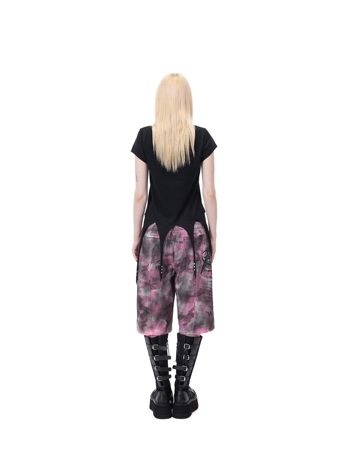 PINKSPINK Punk Cactus Print Studded Asymmetrical Hem Slim Women's Short Sleeve T-shirts