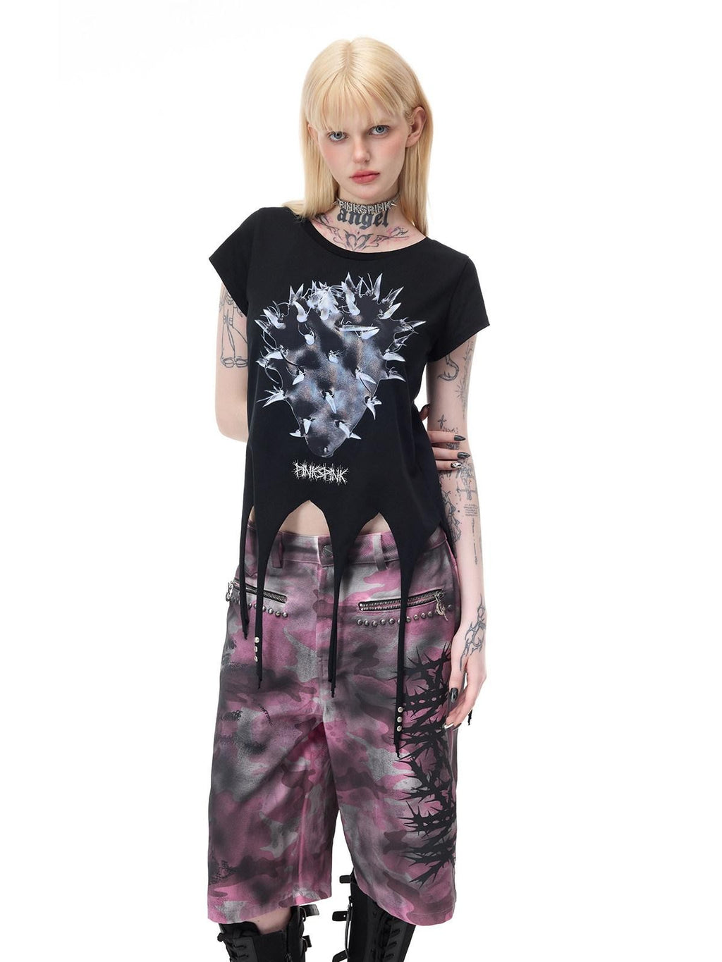 PINKSPINK Punk Cactus Print Studded Asymmetrical Hem Slim Women's Short Sleeve T-shirts