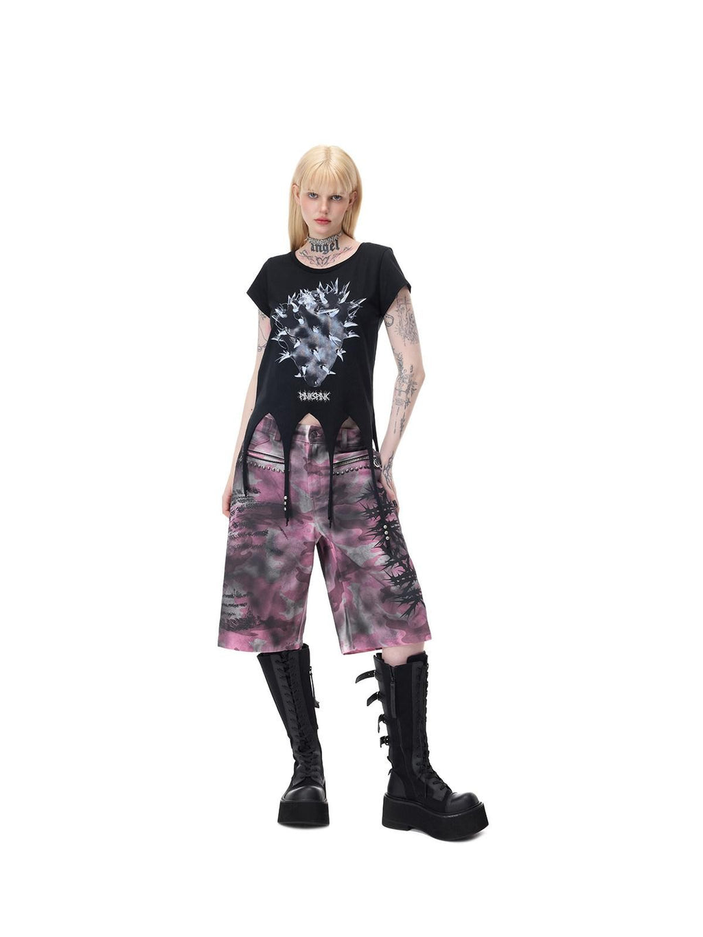 PINKSPINK Punk Cactus Print Studded Asymmetrical Hem Slim Women's Short Sleeve T-shirts