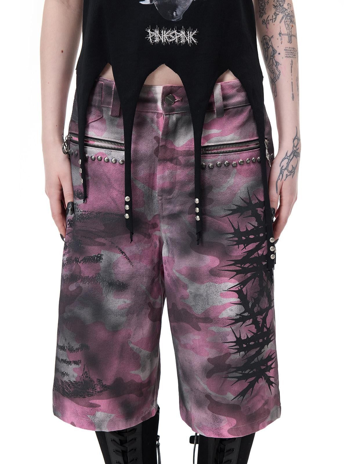 PINKSPINK Punk Cactus Print Studded Asymmetrical Hem Slim Women's Short Sleeve T-shirts