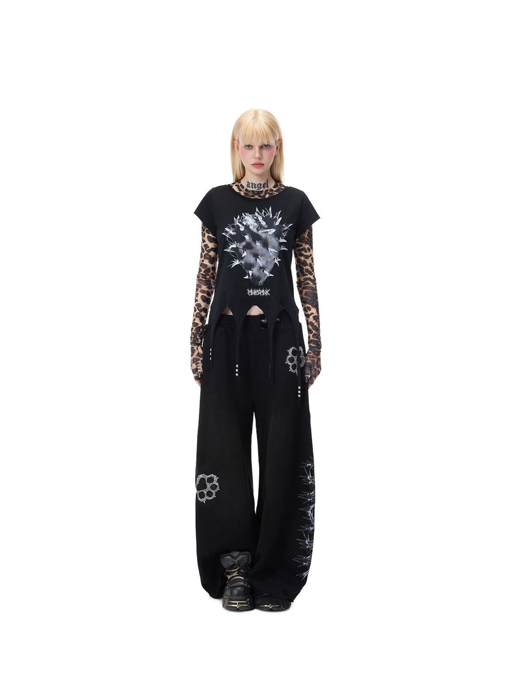 PINKSPINK Punk Cactus Print Studded Asymmetrical Hem Slim Women's Short Sleeve T-shirts