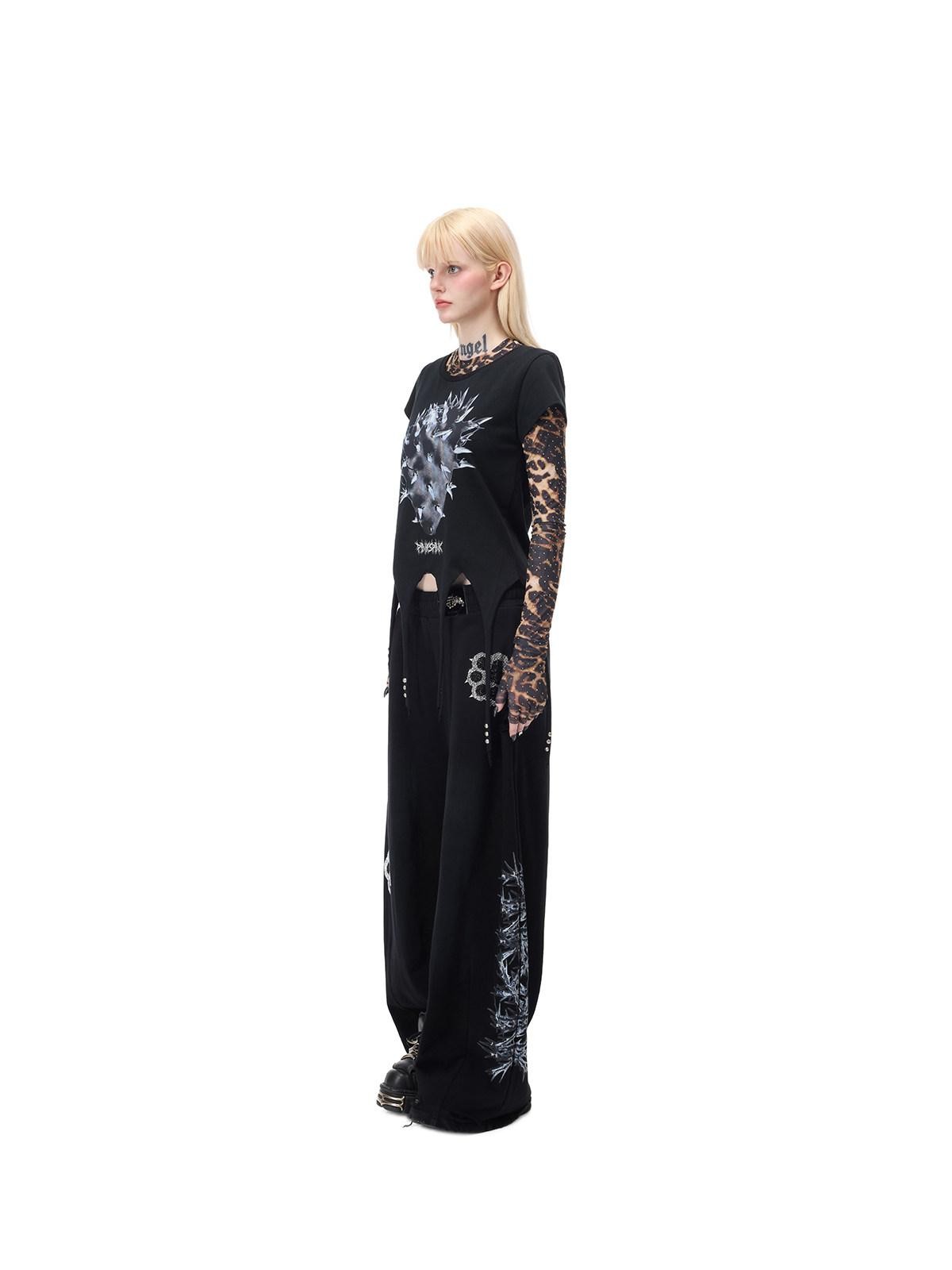 PINKSPINK Punk Cactus Print Studded Asymmetrical Hem Slim Women's Short Sleeve T-shirts