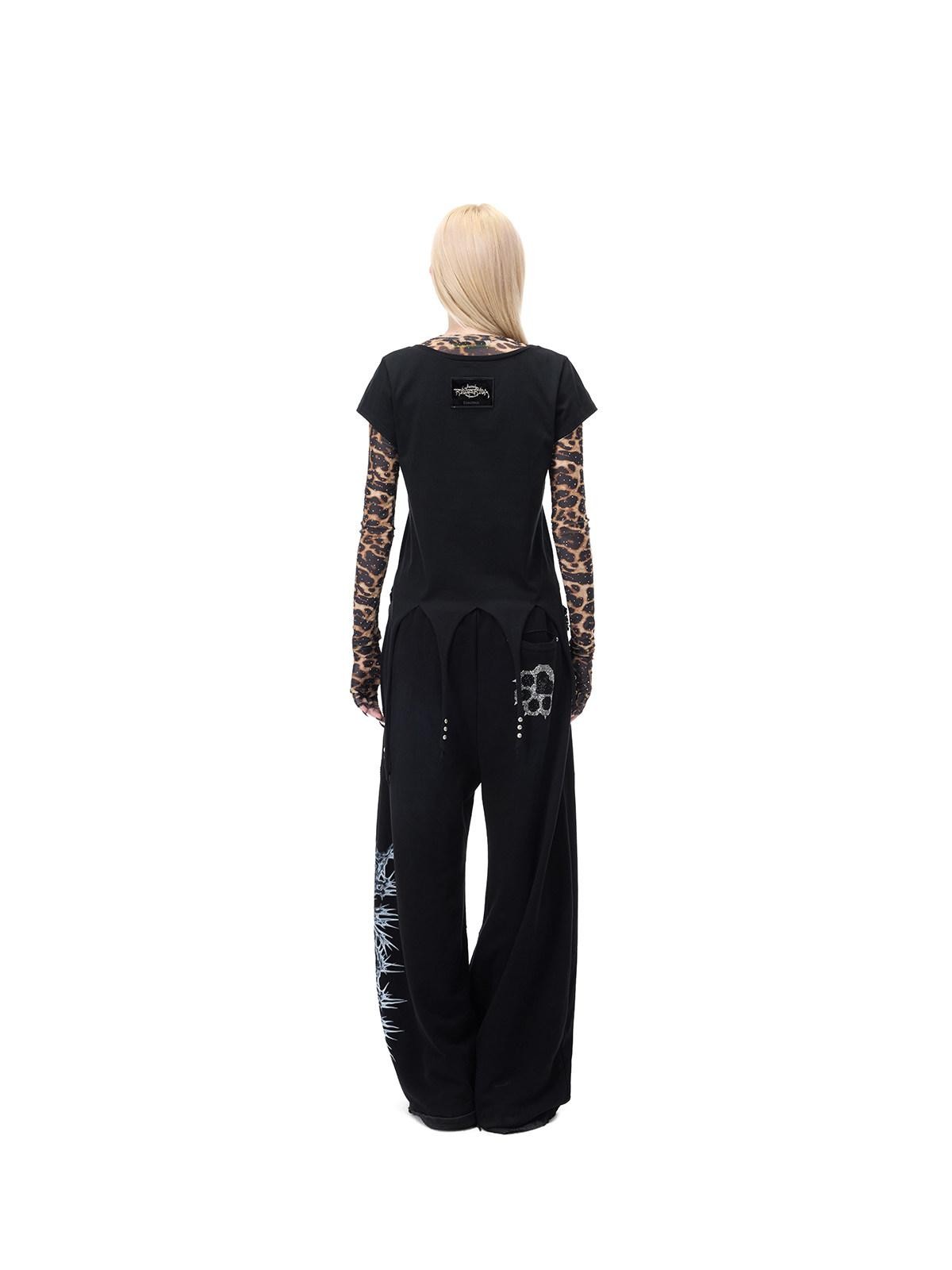 PINKSPINK Punk Cactus Print Studded Asymmetrical Hem Slim Women's Short Sleeve T-shirts