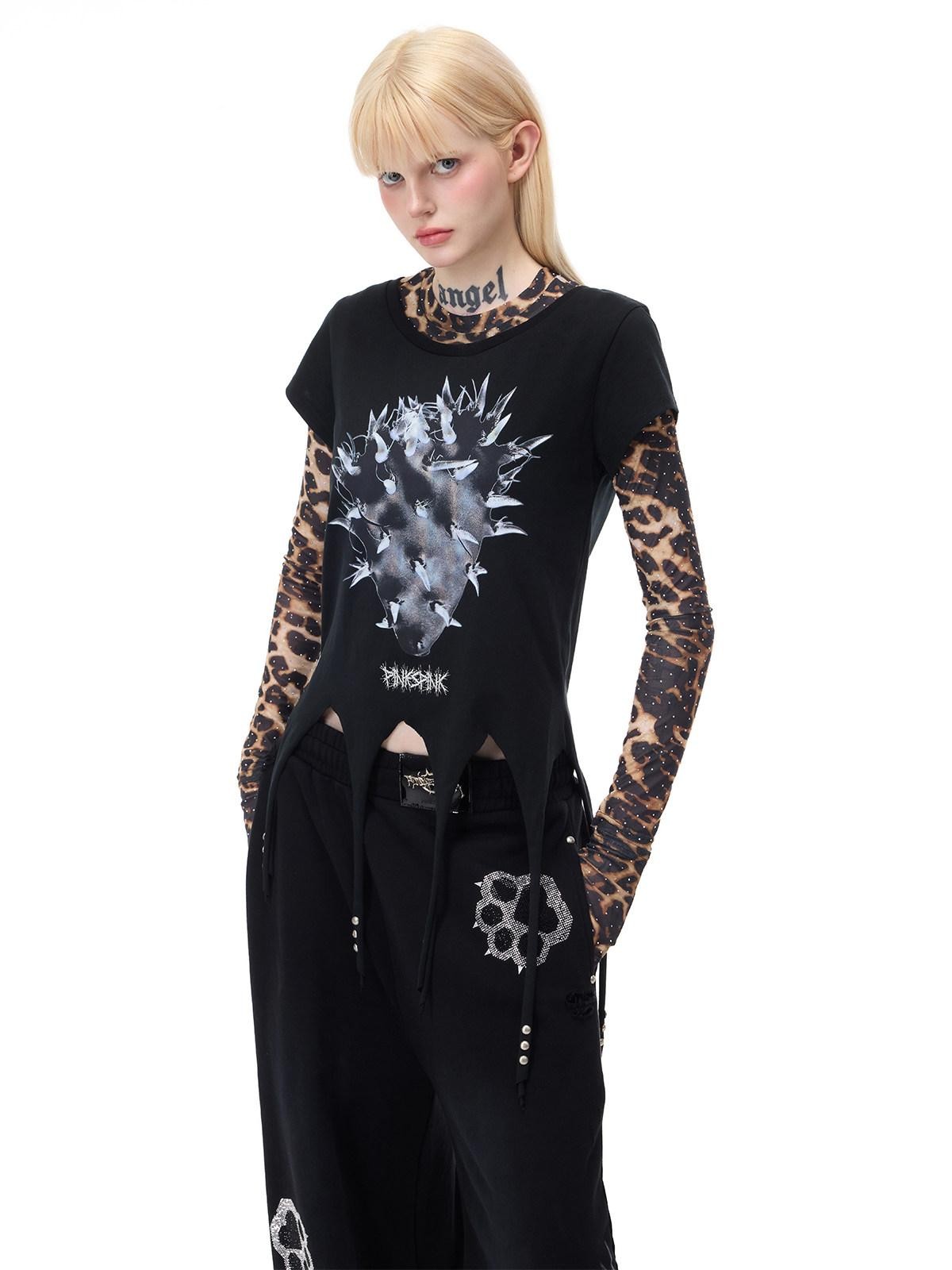 PINKSPINK Punk Cactus Print Studded Asymmetrical Hem Slim Women's Short Sleeve T-shirts