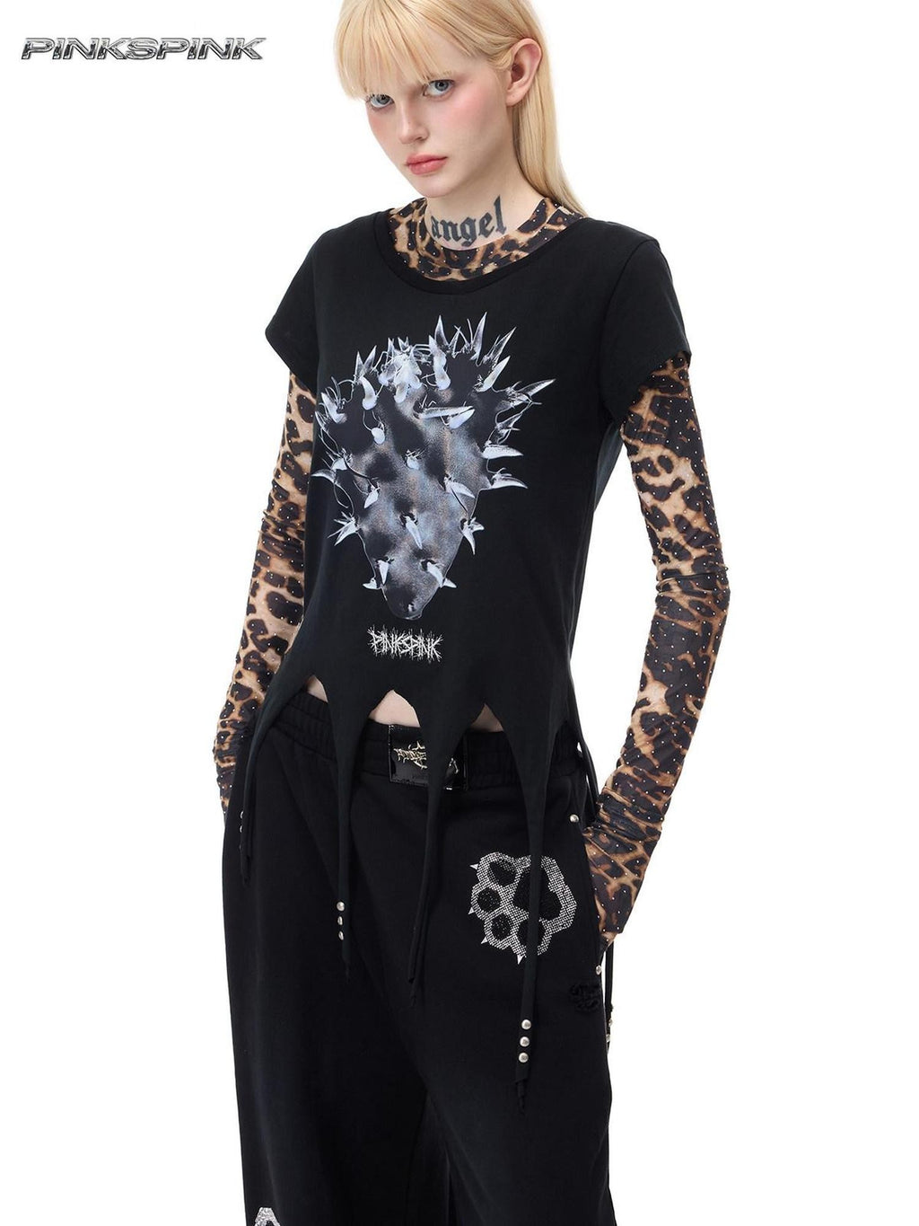 PINKSPINK Punk Cactus Print Studded Asymmetrical Hem Slim Women's Short Sleeve T-shirts