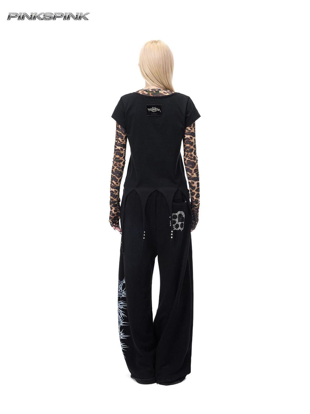 PINKSPINK Punk Cactus Print Studded Asymmetrical Hem Slim Women's Short Sleeve T-shirts