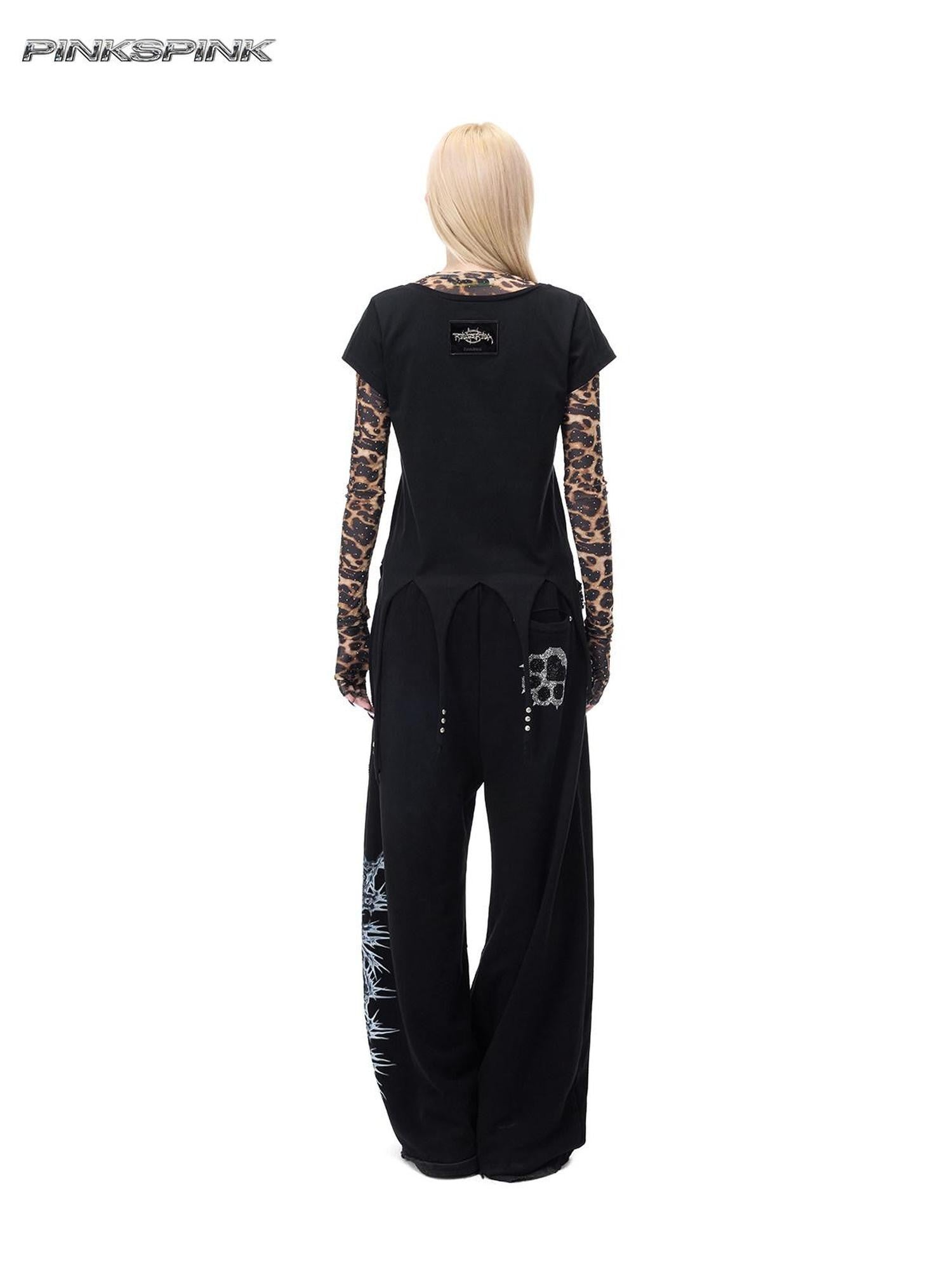 PINKSPINK Punk Cactus Print Studded Asymmetrical Hem Slim Women's Short Sleeve T-shirts