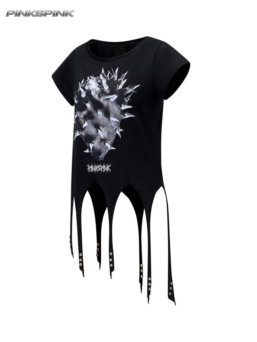 PINKSPINK Punk Cactus Print Studded Asymmetrical Hem Slim Women's Short Sleeve T-shirts