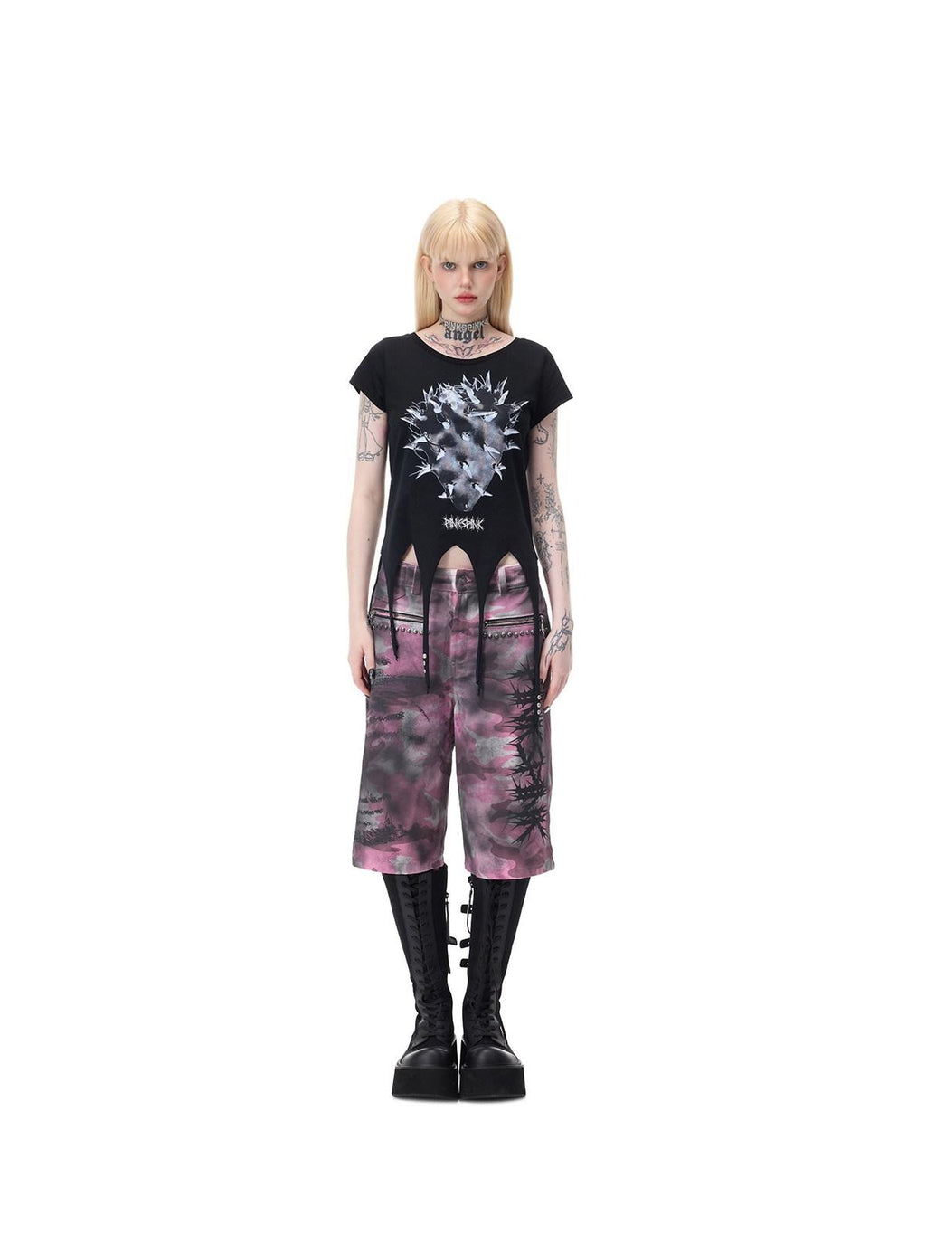 PINKSPINK Punk Cactus Print Studded Asymmetrical Hem Slim Women's Short Sleeve T-shirts