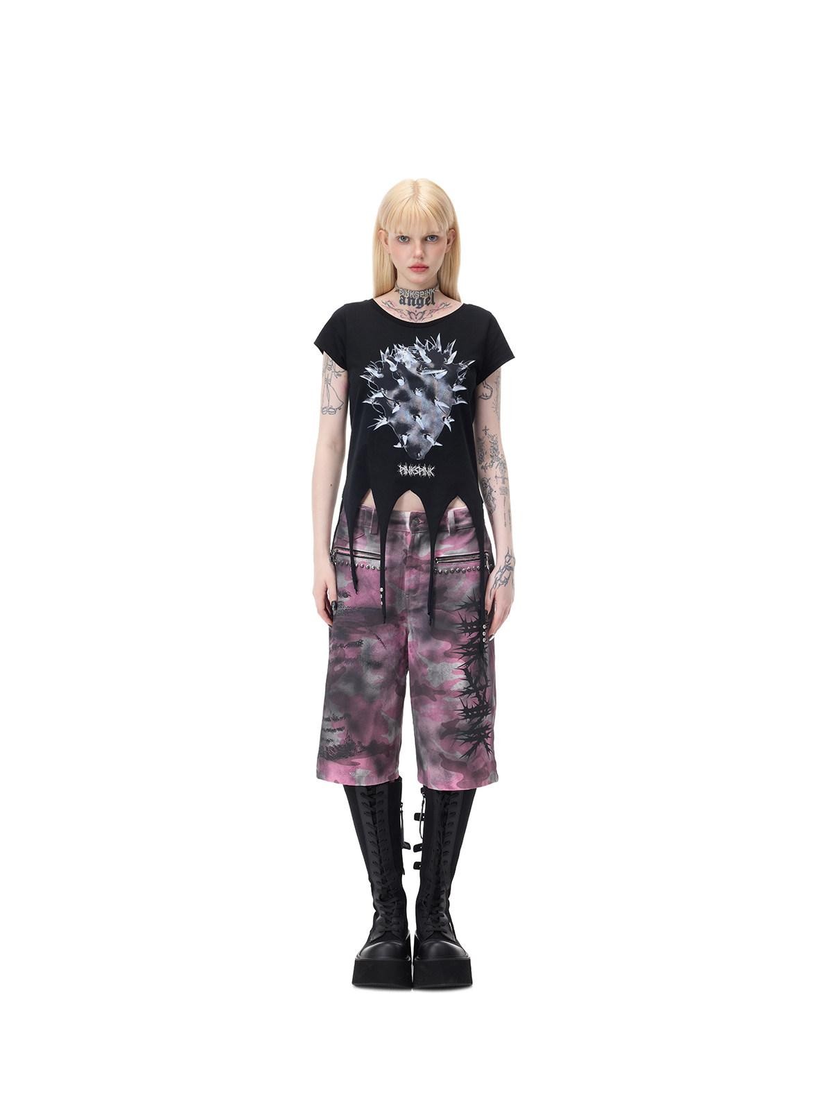 PINKSPINK Punk Cactus Print Studded Asymmetrical Hem Slim Women's Short Sleeve T-shirts