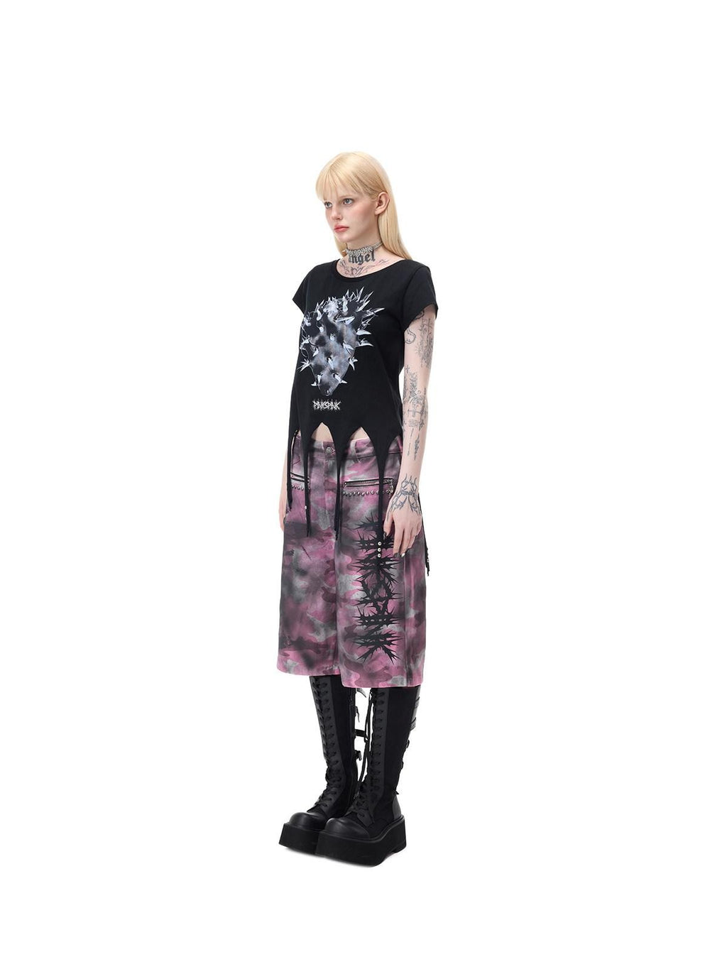 PINKSPINK Punk Cactus Print Studded Asymmetrical Hem Slim Women's Short Sleeve T-shirts
