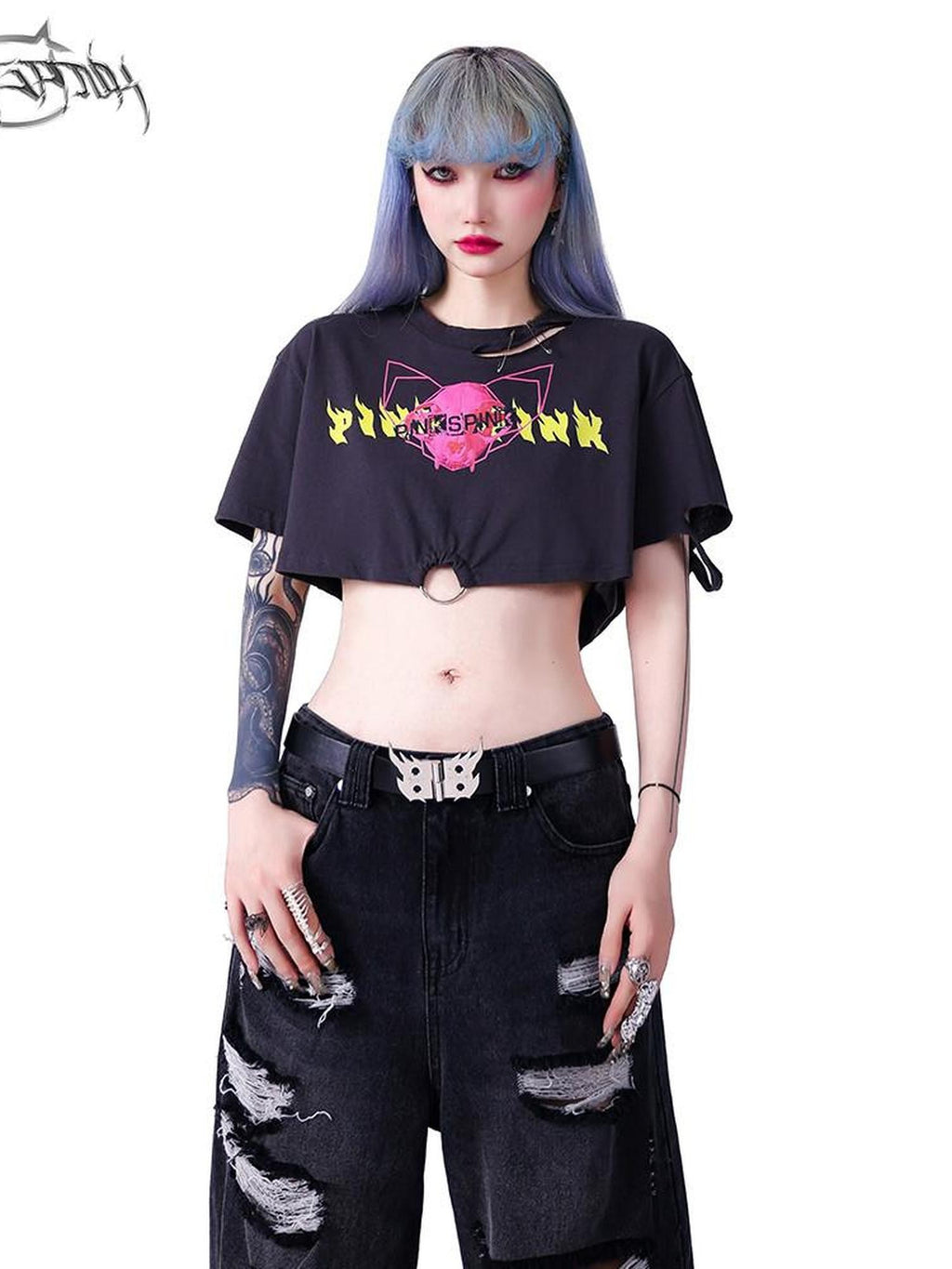 PINKSPINK Punk Distressed Asymmetric Skull Cat Print Waist Chain Women's Crop Tops