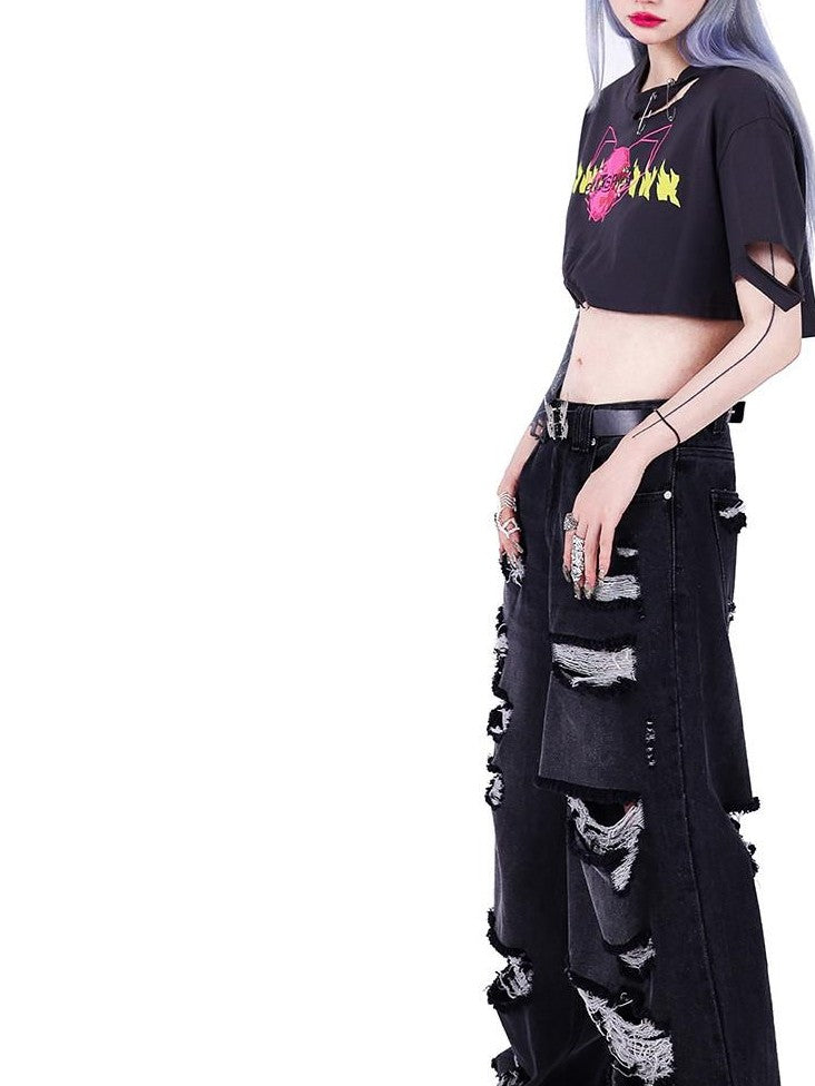 PINKSPINK Punk Distressed Asymmetric Skull Cat Print Waist Chain Women's Crop Tops