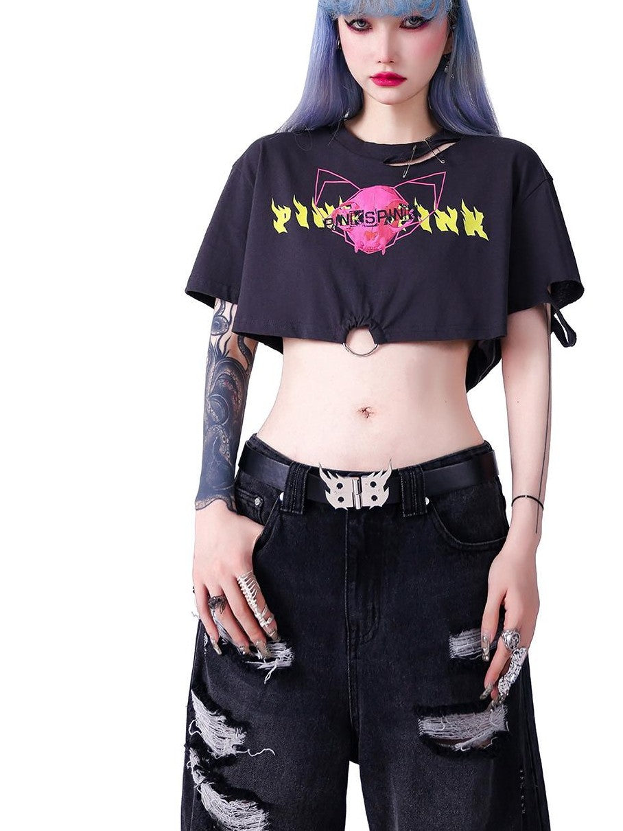 PINKSPINK Punk Distressed Asymmetric Skull Cat Print Waist Chain Women's Crop Tops