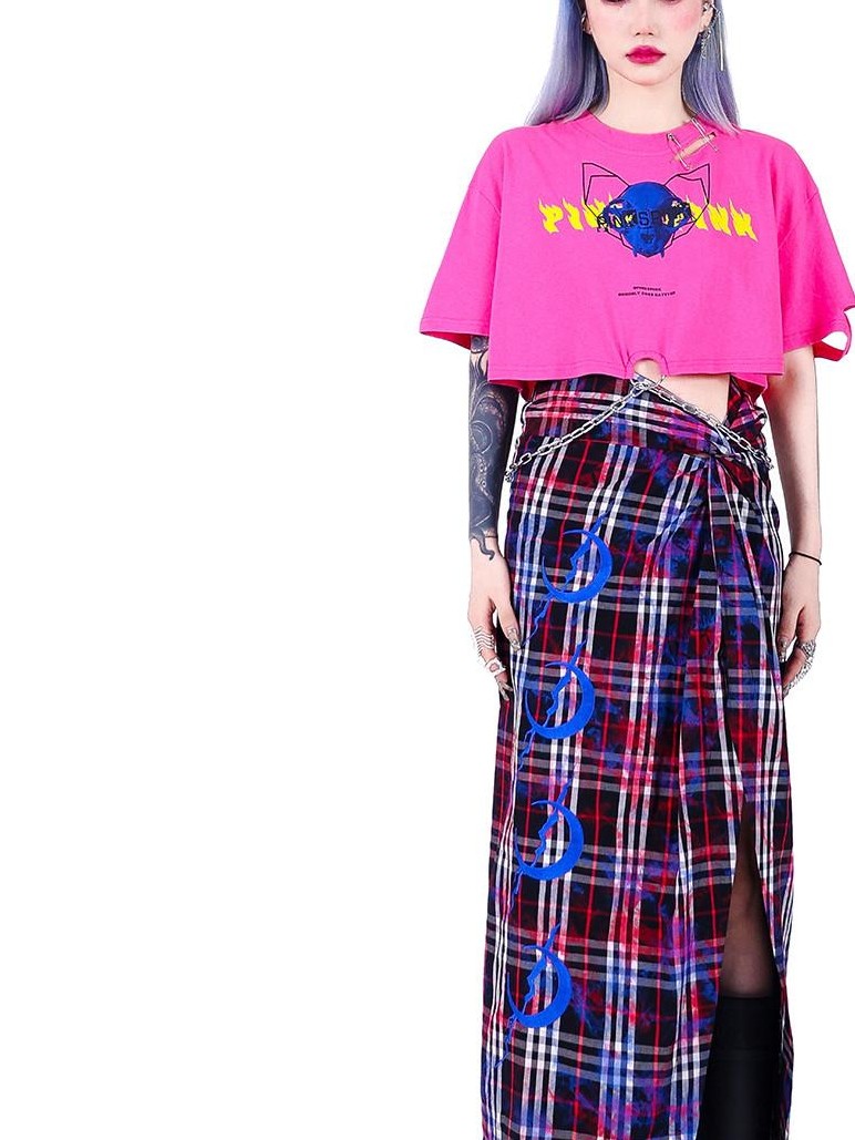 PINKSPINK Punk Distressed Asymmetric Skull Cat Print Waist Chain Women's Crop Tops