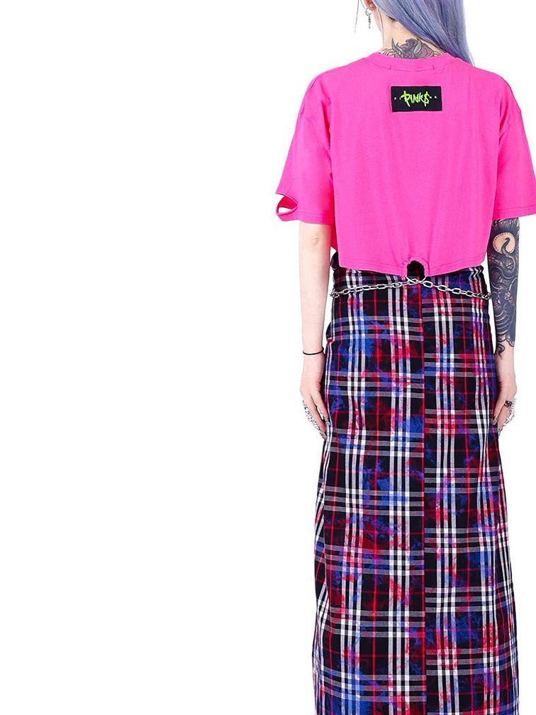 PINKSPINK Punk Distressed Asymmetric Skull Cat Print Waist Chain Women's Crop Tops