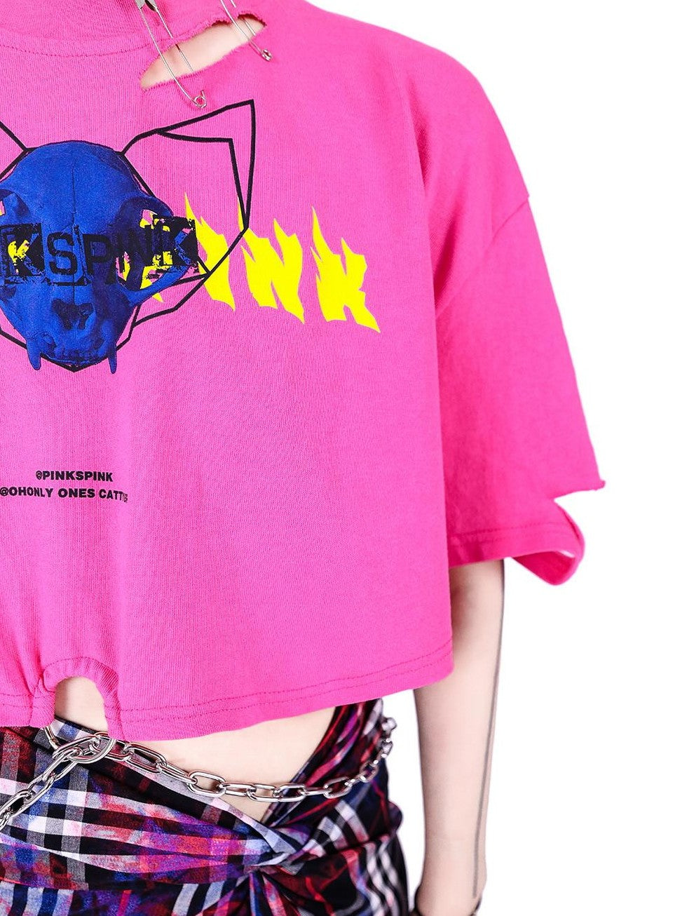 PINKSPINK Punk Distressed Asymmetric Skull Cat Print Waist Chain Women's Crop Tops