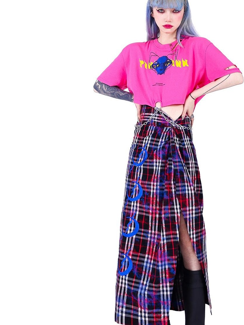 PINKSPINK Punk Distressed Asymmetric Skull Cat Print Waist Chain Women's Crop Tops
