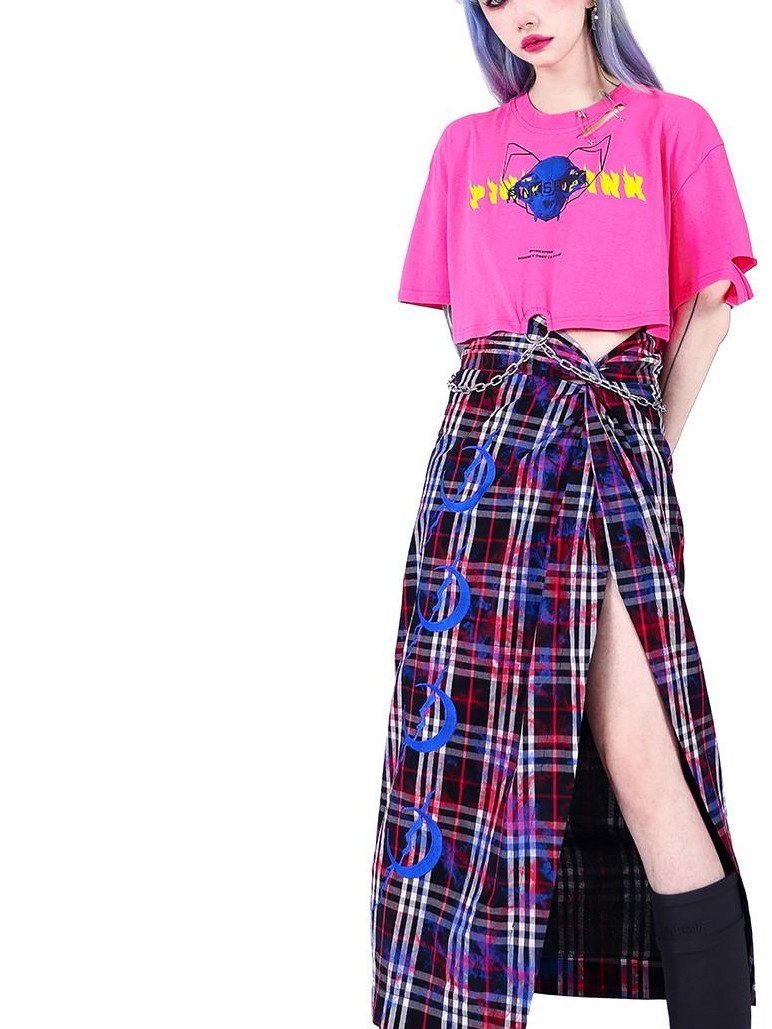 PINKSPINK Punk Distressed Asymmetric Skull Cat Print Waist Chain Women's Crop Tops