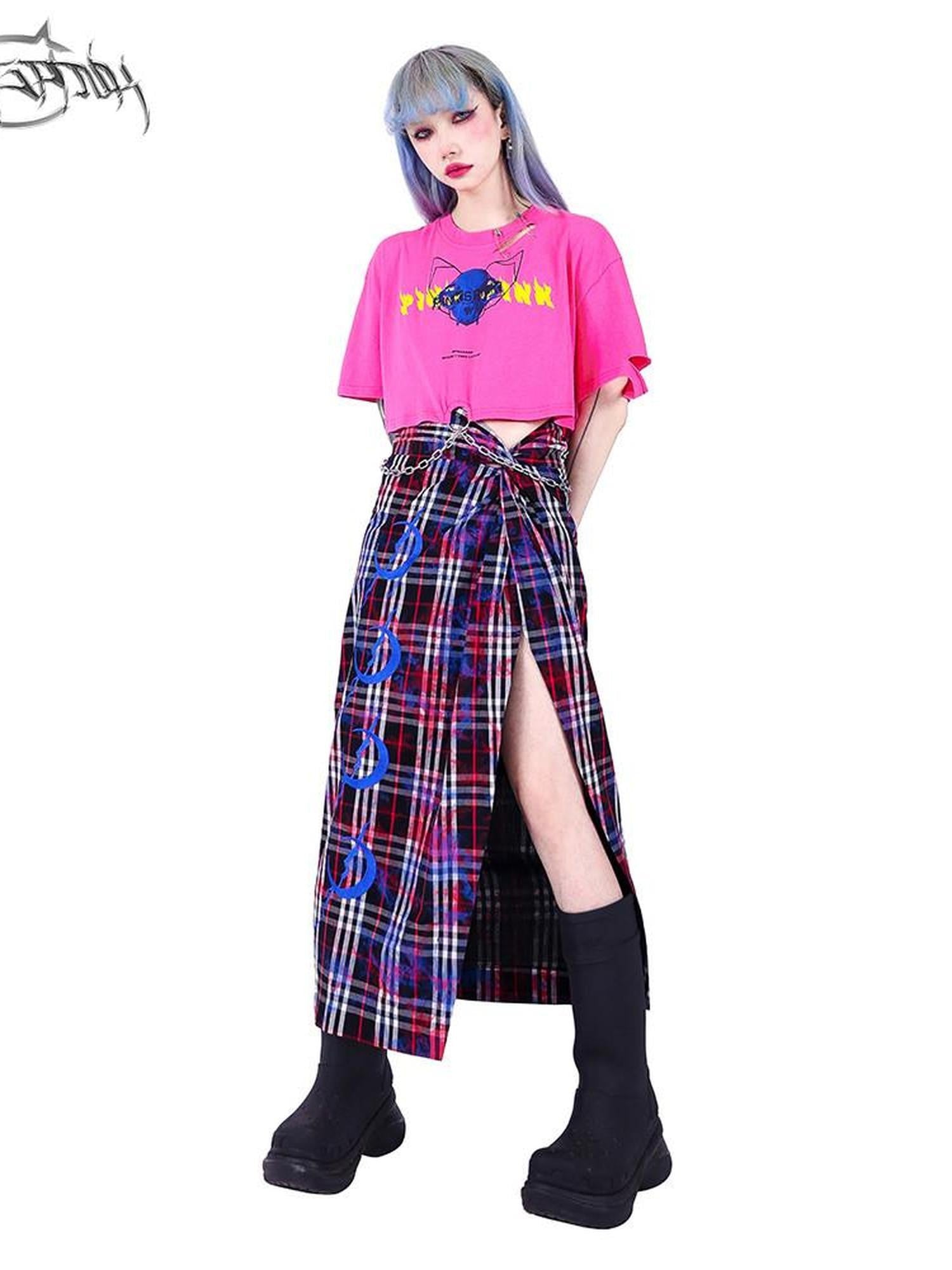 PINKSPINK Punk Distressed Asymmetric Skull Cat Print Waist Chain Women's Crop Tops