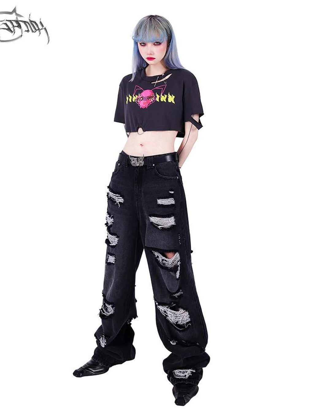 PINKSPINK Punk Distressed Asymmetric Skull Cat Print Waist Chain Women's Crop Tops