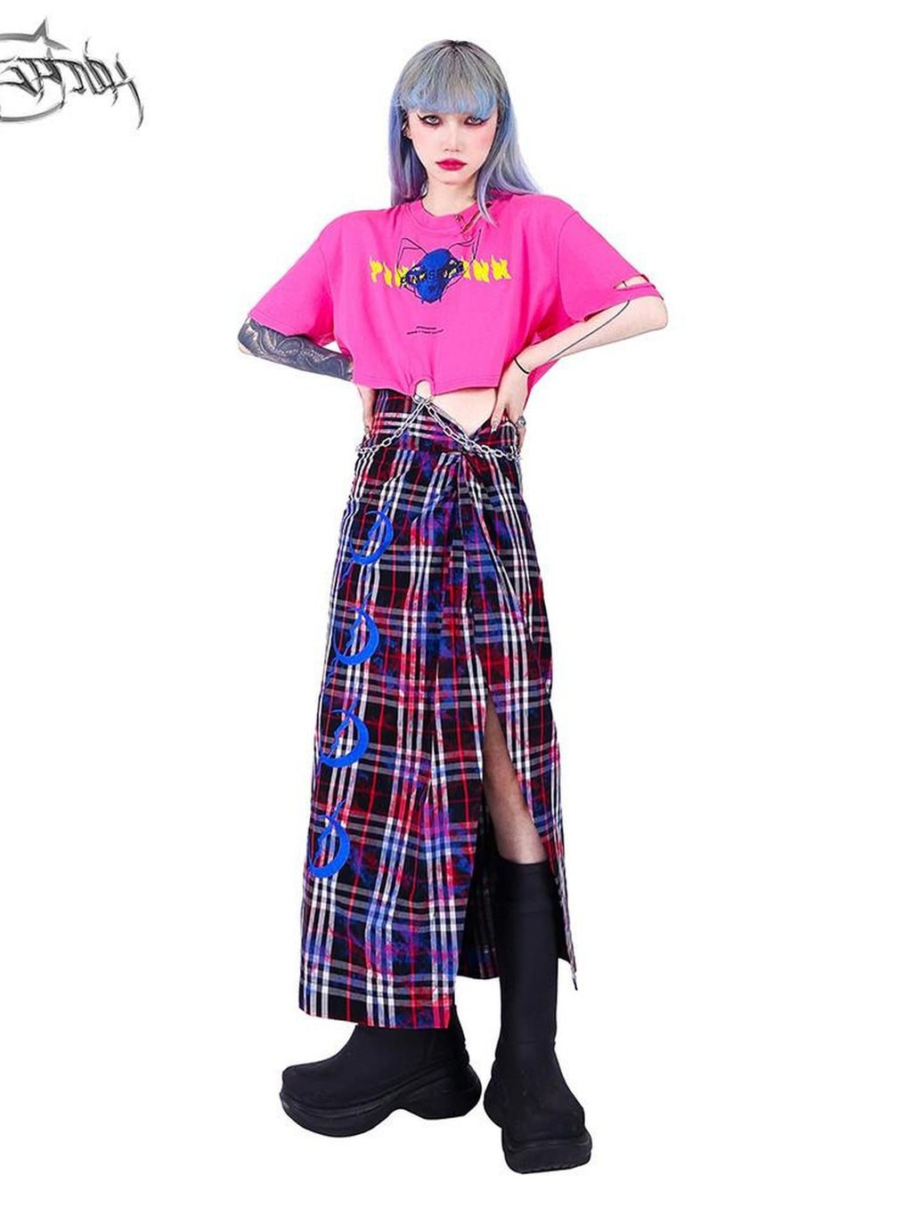 PINKSPINK Punk Distressed Asymmetric Skull Cat Print Waist Chain Women's Crop Tops